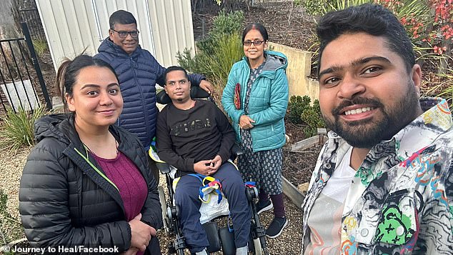 Mr Deka (pictured with loved ones) was left paralyzed and suffered a brain injury after an alleged attack in Hobart last year, but is set to move back to India when his student visa expires