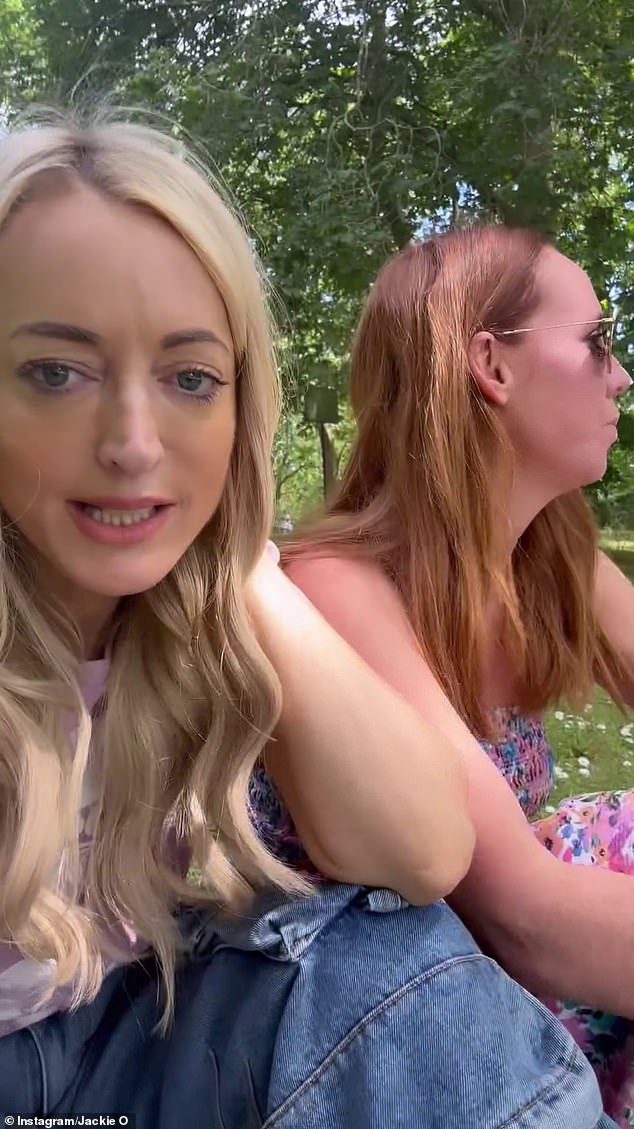 Jackie O Henderson has enjoyed the sights of London during her holiday abroad.  And while the 49-year-old breakfast radio queen was relaxing in a park with her 'bestie' Gemma O'Neill, she observed some local lovebirds.  Both shown