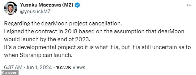 'It is what it is': As for X, Mr Maezawa said he had assumed DearMoon would launch late last year