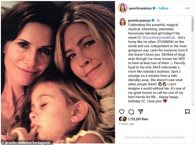 Jennifer Aniston took to Instagram to celebrate her Friends co-star and BFF Courteney Cox's 60th birthday on Saturday, June 15