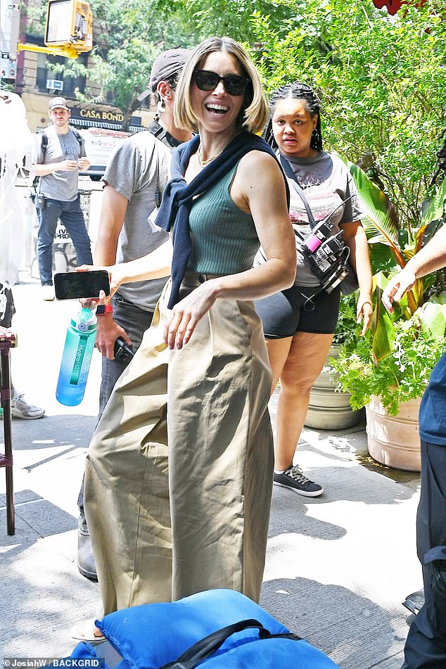 Jessica Biel ditched her wedding ring and put on a brave smile as she continued filming The Better Sister in New York on Tuesday - amid husband Justin Timberlake's shocking DWI arrest