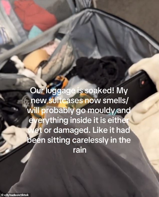 A Jetstar passenger is shocked after opening her suitcase (pictured) to find her belongings damaged and soaking wet after a flight