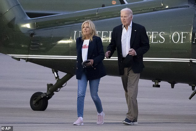 President Joe Biden (right) and first lady Jill Biden (left) arrived in Wilmington, Delaware, early Sunday evening ahead of son Hunter's first day in court.  The president sent a rare statement Monday addressing Hunter's legal troubles