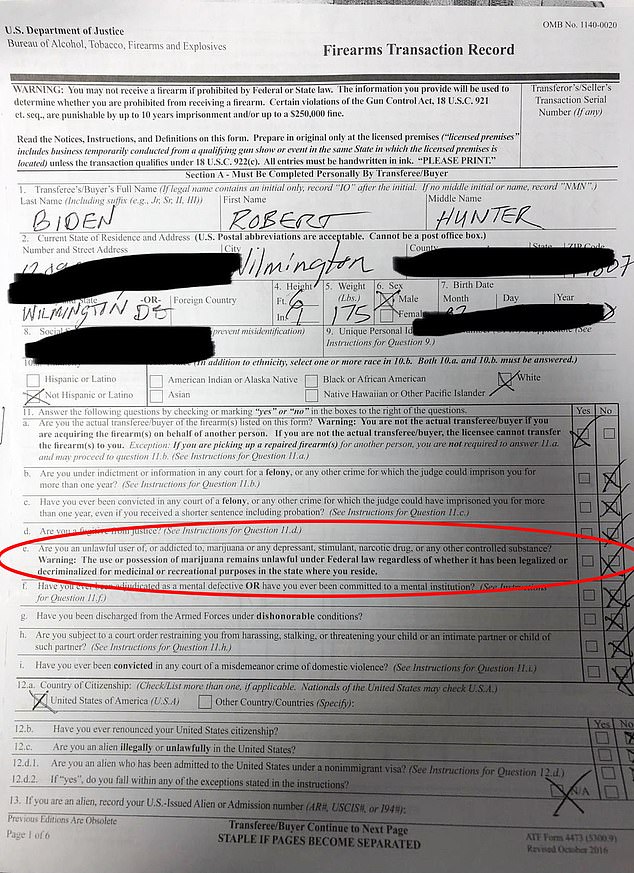 Hunter allegedly lied about a firearms report (above) that was required for his gun transaction.  A photo of the form shows him answering 