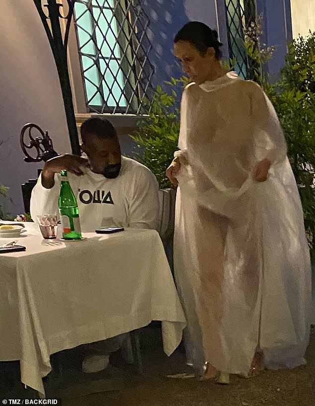 Kanye West's wife Bianca Censori left little to the imagination in another very daring outfit on Thursday.  The architect, 29, bared it all when she went underwearless under a sheer sheath-like dress as she joined the rapper, 47, for dinner at Il Palagio restaurant in Florence, Italy