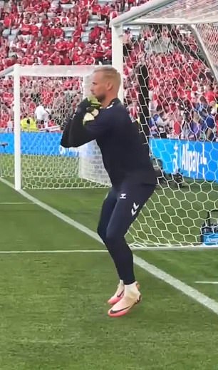 Kasper Schmeichel made a unique catch during Denmark's warm-up on Tuesday