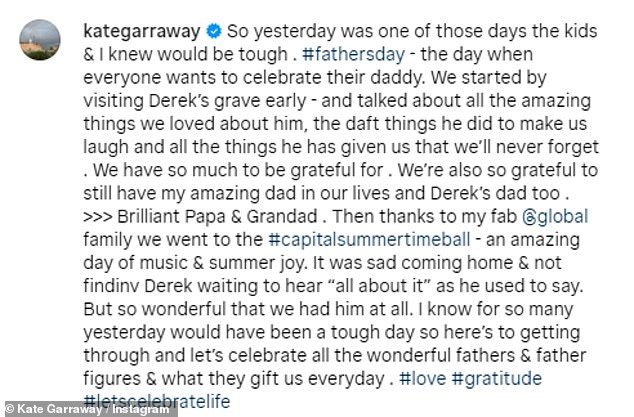 Kate Garraway paid tribute to late husband Derek Draper on Monday after visiting his grave with her children on their first Father's Day since his death