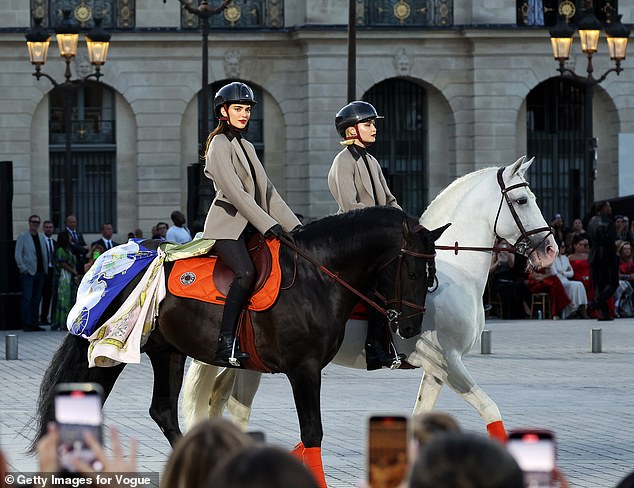 Before changing into a chic finale outfit, Kendall made her catwalk debut at Vogue World Paris on a horse alongside model Gigi Hadid