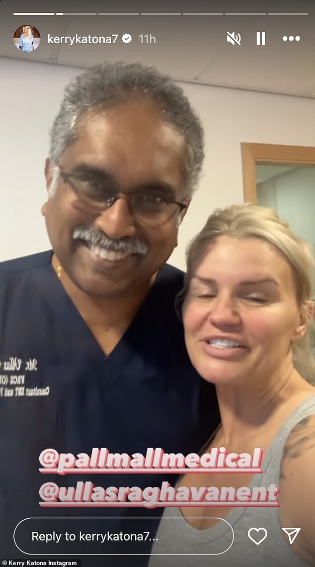 Kerry previously revealed she was having a rib removed to make her new nose and would be used to replace cartilage 'to make it look a bit smaller' (pictured with her surgeon)