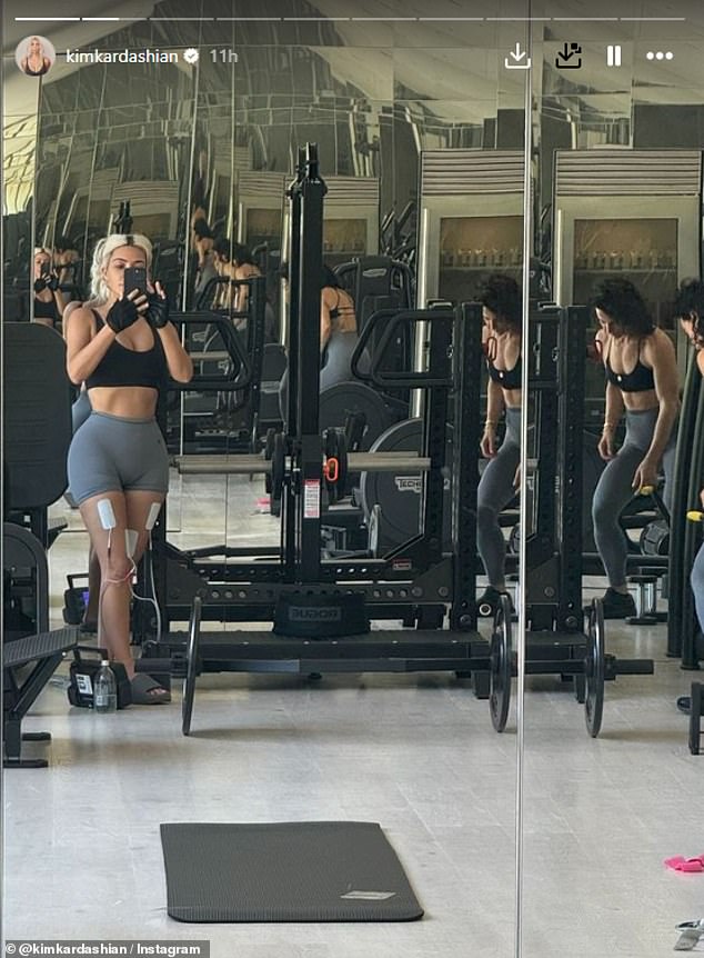 Earlier in the day, the SKIMS founder shared a mirror selfie from her home gym with fitness trainer Senada Greca