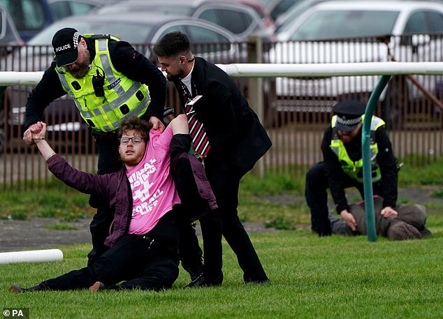 Animal Rising also caused chaos when they stormed the Scottish Grand National in April.  The track at Ayr Racecourse was infiltrated by 24 protesters who were later charged