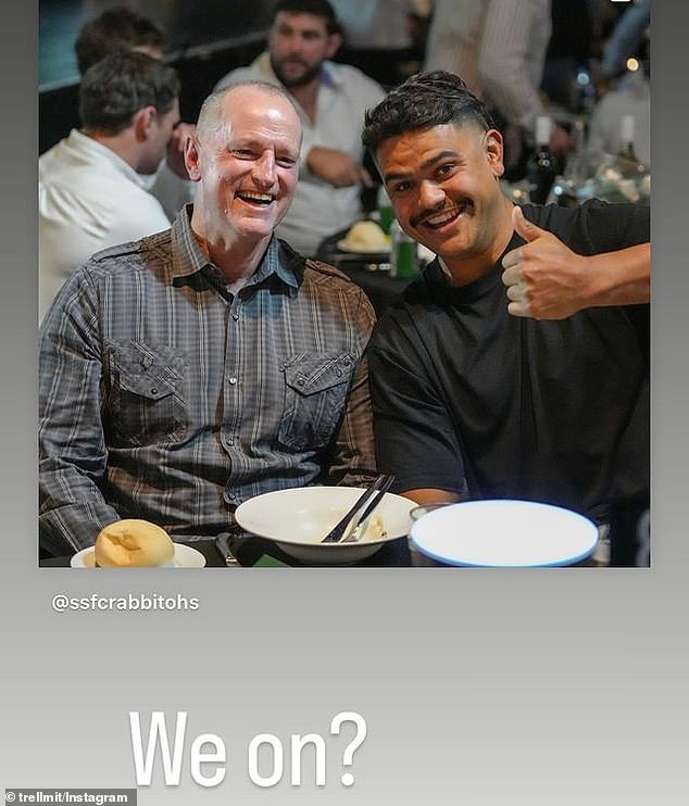 Latrell Mitchell spent Saturday with Blues coach Michael Maguire at South Sydney's 2014 premiership reunion, later posting a cheeky photo to social media