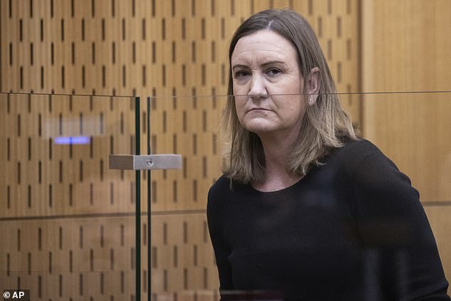 Lauren Dickason, 41, was found guilty last August of murdering her two-year-old twin daughters Maya and Karla and their six-year-old sister Lianè at their home in Timaru, New Zealand on September 16, 2021 (she is pictured in July 2023)