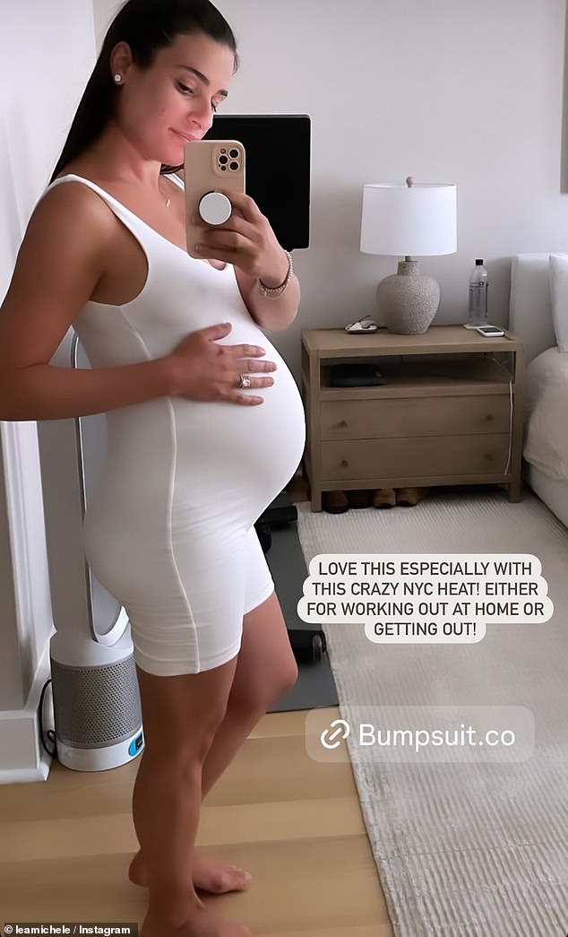 Lea Michele caressed her blossoming baby bump as she showed off some of her 'favorite' maternity looks from her third trimester