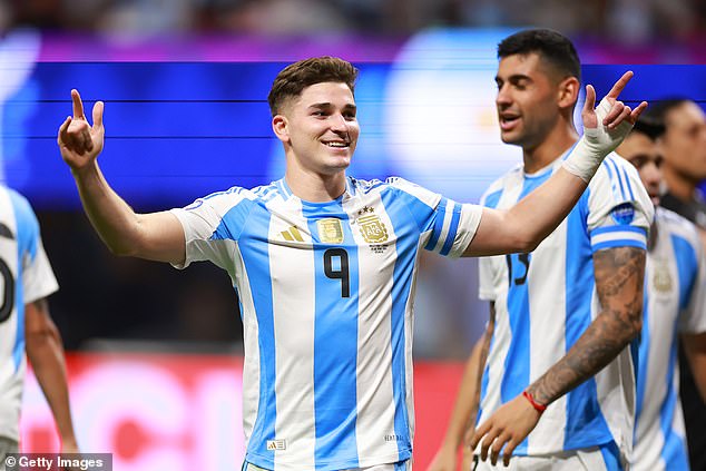 Julian Alvarez celebrates after giving Argentina the lead against Canada in the Copa America