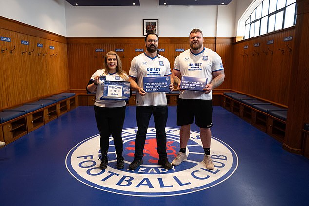 McIntyre with the World's Strongest Man, Tom Stoltman and WWE Superstar, Piper Niven at Ibrox