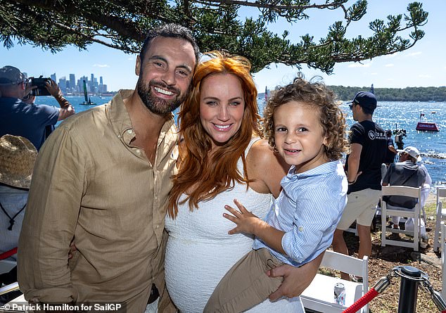 Married At First Sight bride Jules Robinson, 42, has shared exciting family news before welcoming her second child with husband Cameron Merchant.  (L-R: Jules, Cameron and their son Ollie, four)