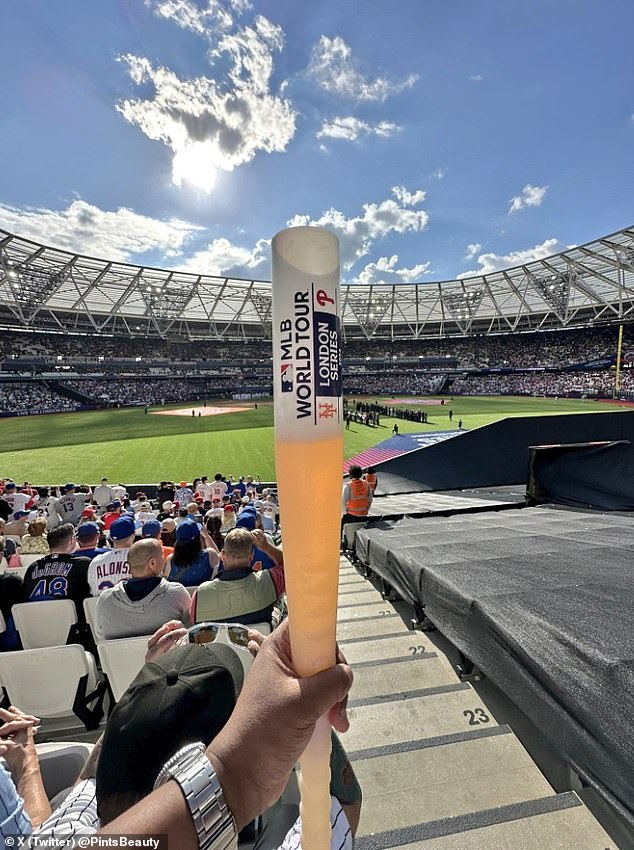 Pint cups shaped like baseball bats were sold at a premium at the London Stadium