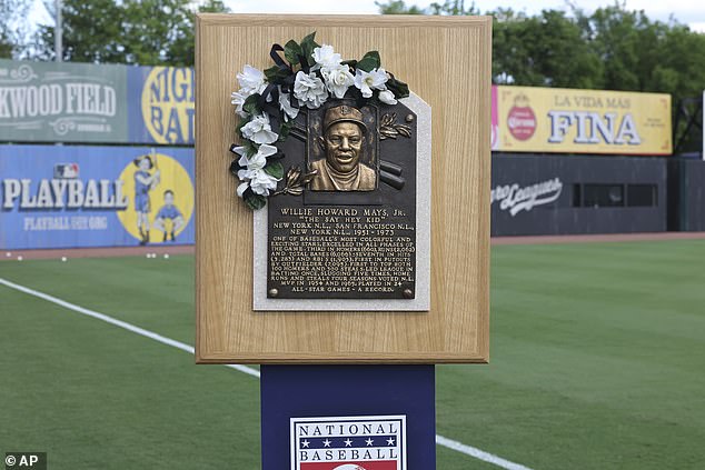 A plaque honoring Willie Mays is seen Thursday before a game at Rickwood Field