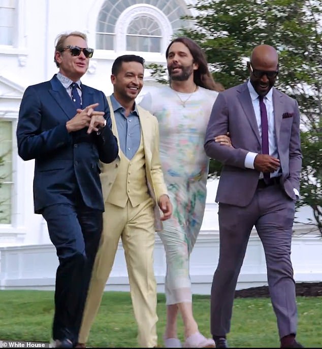 Cast members of the show Queer Eye participate in a White House video
