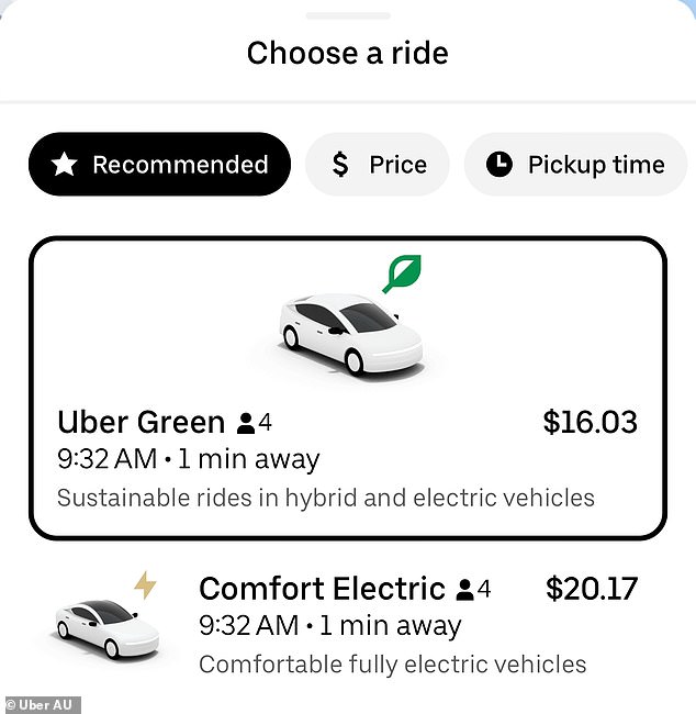 A new feature in the Uber app gives passengers the option to drive a hybrid or electric car, in a bid to inspire Australians to make greener choices (the feature is pictured)