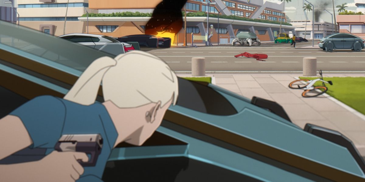 A woman with light blonde hair hides behind a car while holding a small futuristic gun in Mars Express.