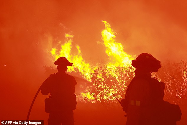 Firefighters from the Los Angeles Fire Department (LAFD) and other firefighters respond to the station fire
