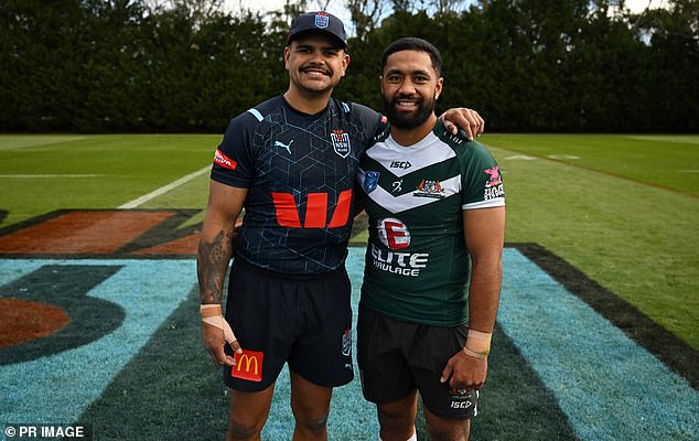 As Latrell Mitchell prepares for his return to the Origin arena, Sydney concreter Semisi Kioa (right) was tasked with helping the star NSW Blues center refine his game