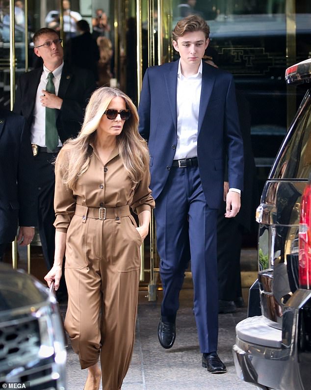 Former First Lady Melania Trump, 54, steps out of Trump Tower in Manhattan with son Barron, 18, in tow days after Donald Trump was found guilty of 34 crimes in New York City's hush money trial