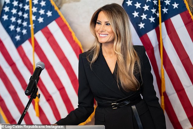 Former First Lady Melania Trump will host a fundraiser with the conservative LGBTQ group Log Cabin Republicans at Trump Tower in Manhattan on July 8.  Pictured: Melania Trump speaks to Log Cabin Republican donors at a Mar-a-Lago fundraiser in April