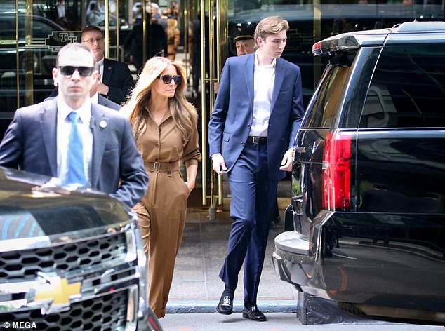 Just before they left the New York City residence, a doorman loaded their motorcade with Louis Vuitton bags and a suit holder with Barron's initials.