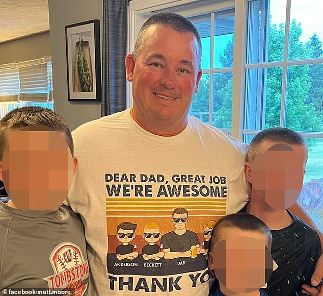 It happened after 64-year-old real estate agent Matthew Moore (seen here with his now orphaned children in 2022) illegally entered his longtime husband's home in the early morning hours of May 29, police said.