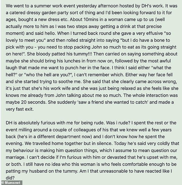 Taking to the parenting platform, the irritated wife revealed that the wife patted her husband on the stomach during a work event over the summer and made a comment about how she will be packing his lunches from now on because his wife makes them too big.