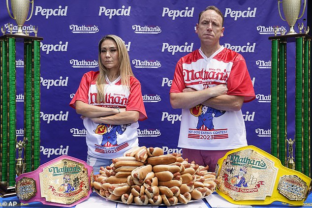 Miki Sudo (left), nine-time Nathan's Famous Hot Dog Eating Contest champion, says banning perennial winner Joey Chestnut (right) is 'absolutely' good for the sport