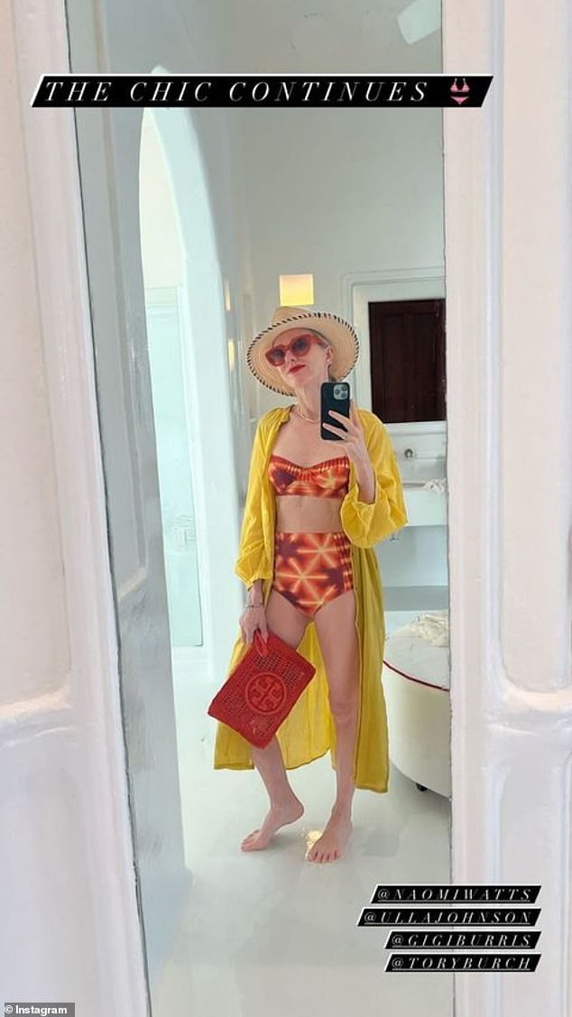 Naomi Watts, 55, (pictured) showed off her incredible physique in designer swimwear during her honeymoon in Mexico on Thursday, posting this selfie as she posed in a $620 Ulla Johnson bikini