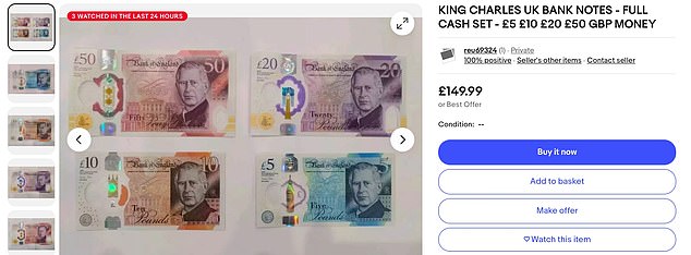 A full set of new King Charles banknotes, with a denomination of £85, is on offer on eBay for £150