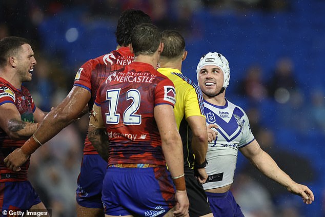 Bulldogs hooker Reed Mahoney is known as a pest on the pitch and had words with Newcastle prop Jacob Saifiti late in the match