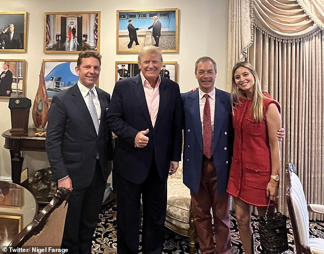 Holly Valance and her husband Nick Candy are pictured with Donald Trump and Nigel Farage at Mar-a-Lago in 2022