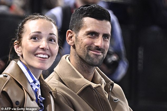 Novak Djokovic and his wife Jelena Djokovic attend the Starligue match PSG against Aix-en-Provence at the Accor Arena stadium in Paris on May 31