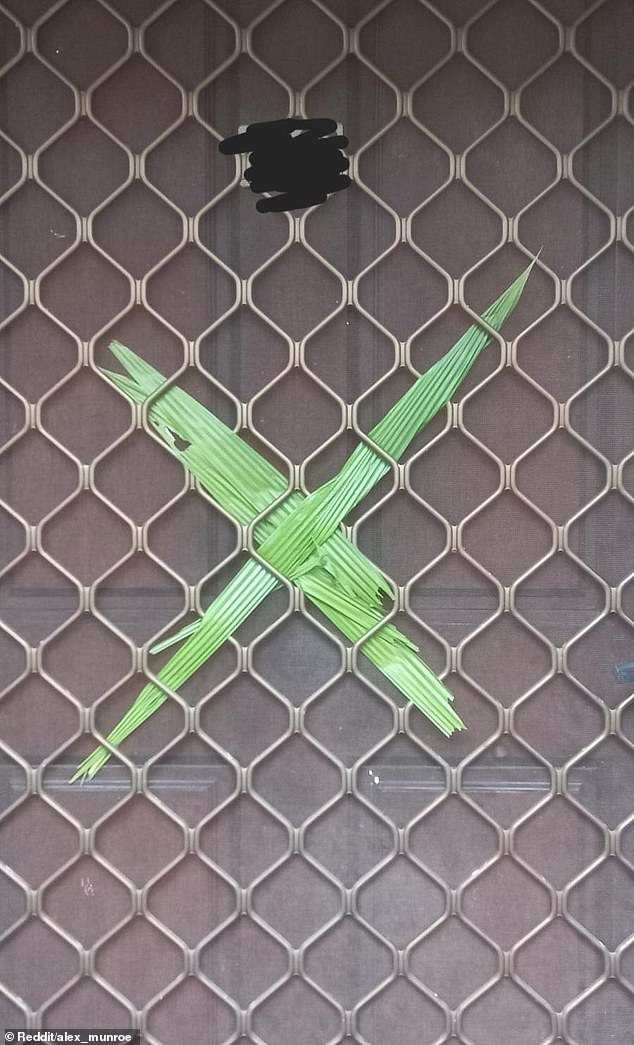 A resident was left scratching his head after seeing an X symbol made from a few leaves (pictured) stuck to the fly screen of his home