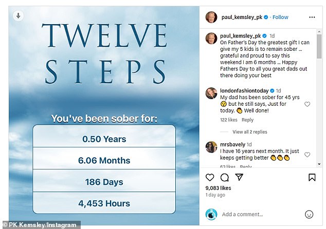 The 56-year-old Englishman shared a screenshot of his Twelve Steps app: 'On Father's Day, staying sober is the greatest gift I can give my five children.  This weekend I can gratefully and proudly say that I have been around for six months.  Happy Father's Day to all you wonderful fathers who are doing your best