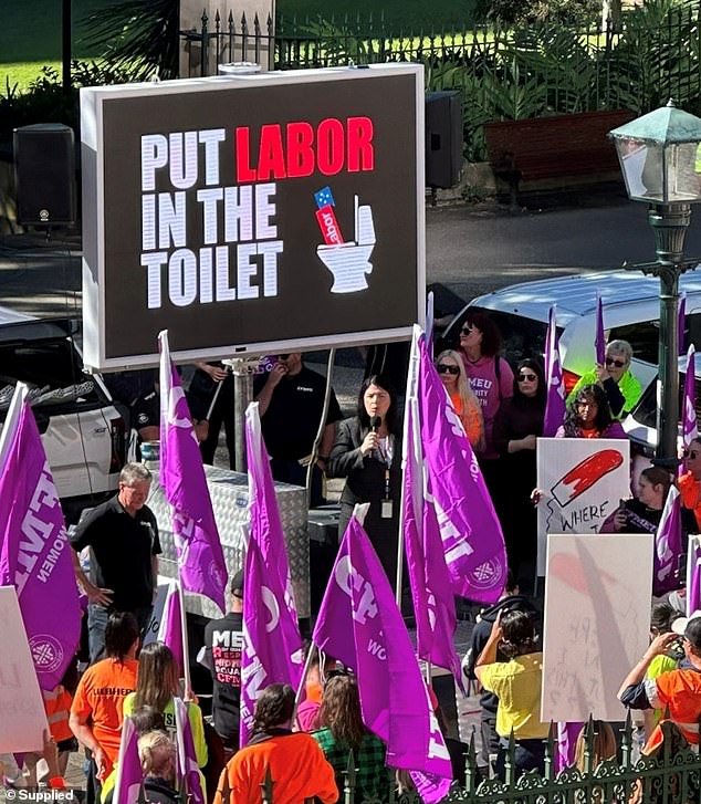 Senior Labor MP Grace Grace gave a speech outside Brisbane Parliament on Tuesday as anti-Labor messages were displayed above her head on an LED sign