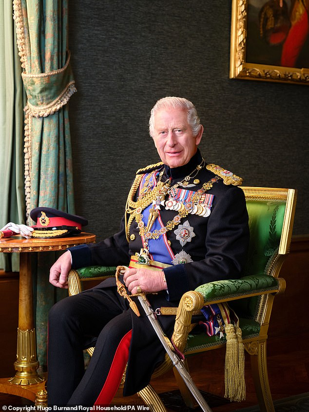 A new photograph of King Charles III, released to mark Armed Forces Day today. It was taken by photographer Hugo Burnand in Windsor Castle¿s Grand Corridor in November last year