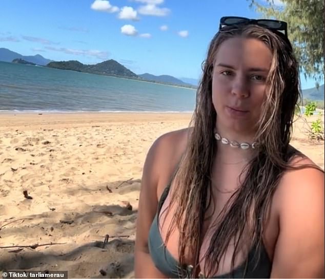 Tarlia Merau (pictured) uploaded a video to TikTok last week showing herself entering the water at Palm Cove Beach near Cairns, North Queensland