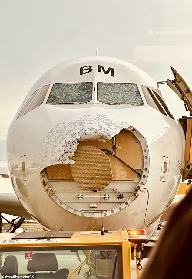 Austrian Airlines' Airbus A320 was flying from Mallorca to Vienna when chunks of ice hit the plane and windshields, damaging the nose and windshields