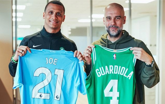 Guardiola (right) appeared to meet Mazzulla (left) at the TD Garden ahead of the Boston Celtics' NBA Finals opening game