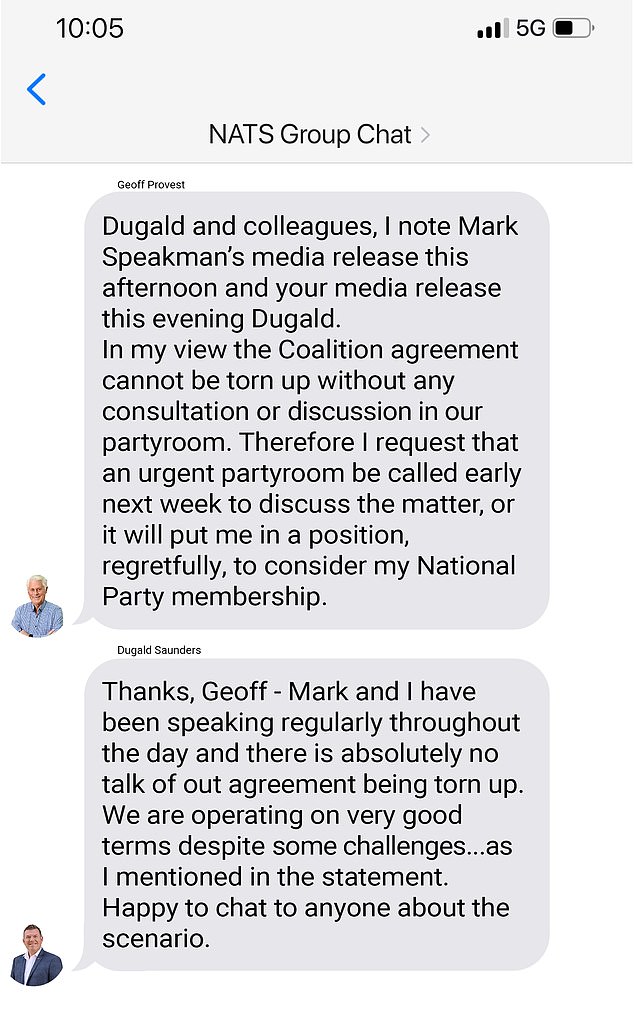 Leaked texts between Nationals NSW MP Geoff Provest and state party leader Dugald Sanders reflect the unrest raging in the state.