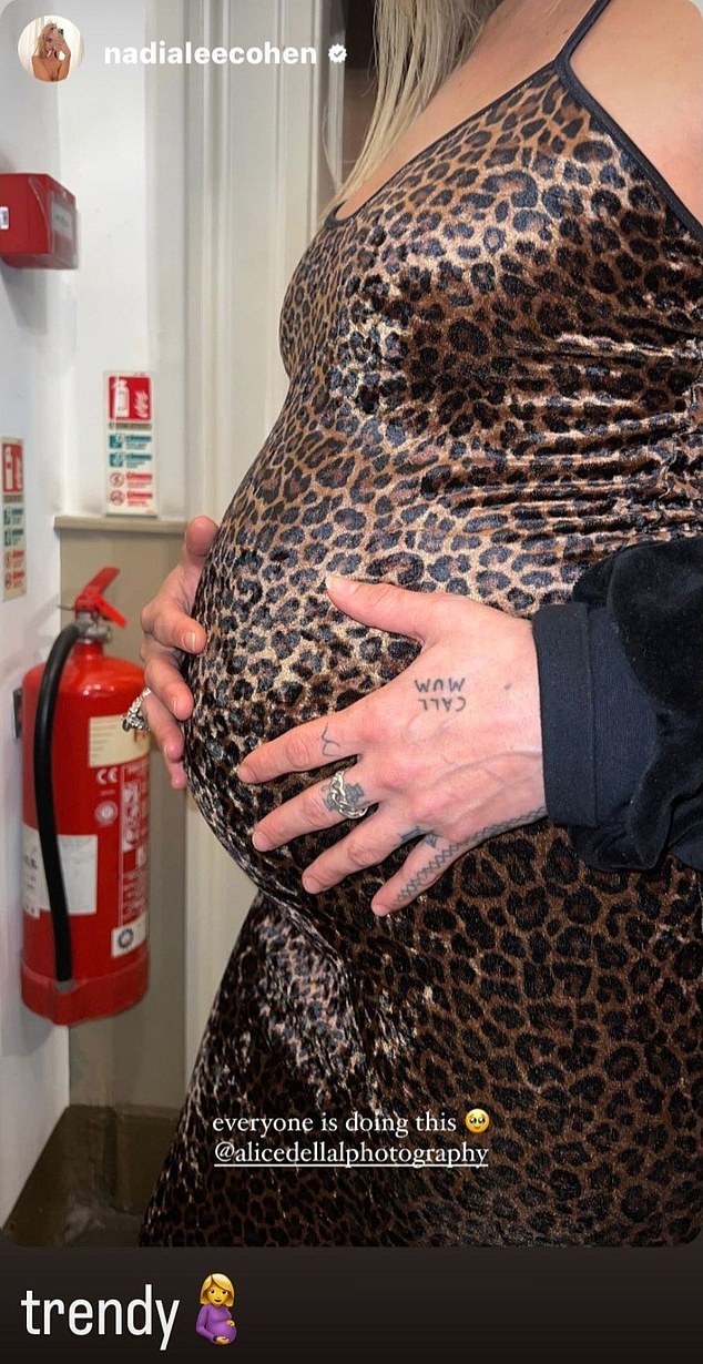 Alice, the younger sister of shoe designer Charlotte Olympia Dellal, shared a photo online of herself cradling her bump in a tight leopard print dress.