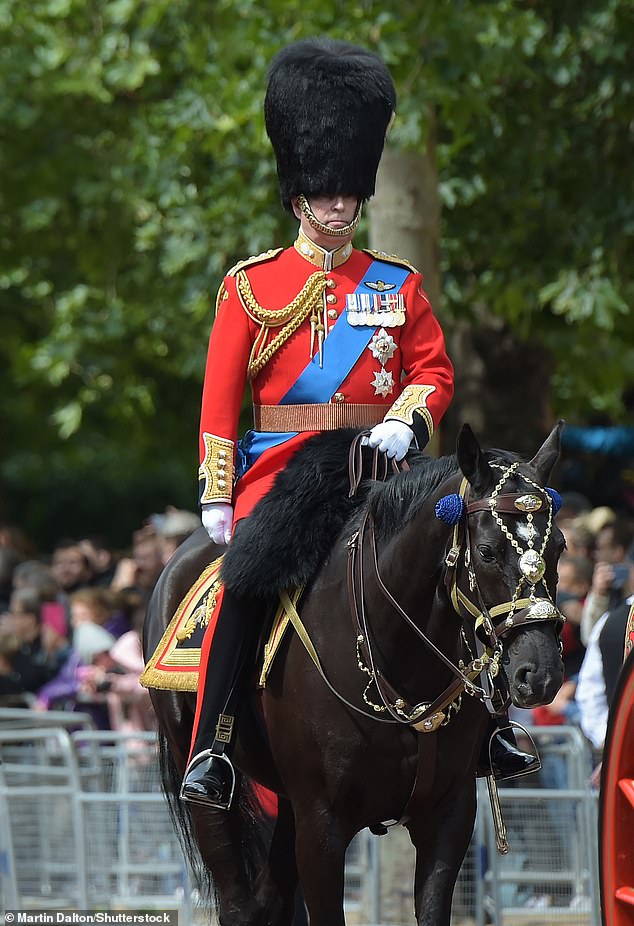 Andrew, briefly Colonel of the Grenadiers, took part in just two Troopings (pictured in 2019) but had to undergo intensive preparation for his time in the saddle, a shock for a Navy man
