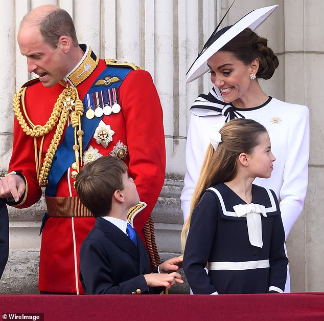Pictured: The Princess of Wales beams at her youngest son during the royal family's appearance at Buckingham Palace for Trooping the Color on Saturday